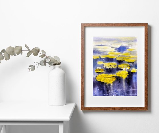 Waterlilies in Delft Landscape Nature Watercolor Painting, Flowers painting