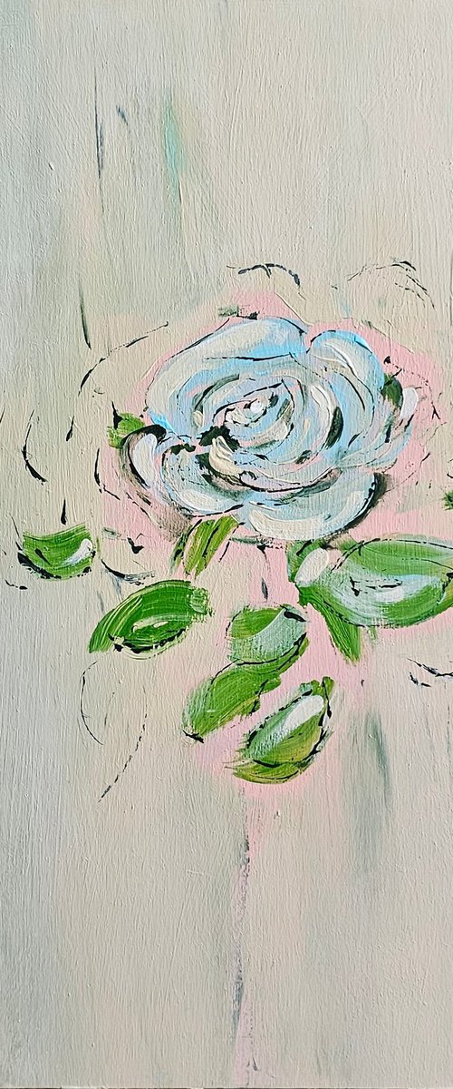 Abstract white rose on delicate soft white by Ksenia June