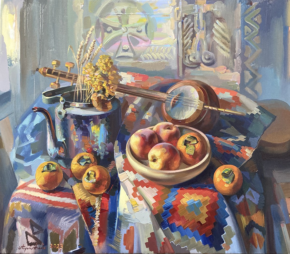 Impressionistic Still Life Oil Painting By Meruzhan Khachatryan, 28 X 24", Peaches And Persimmons, Original Artwork