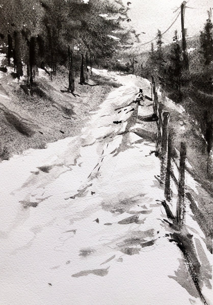 Landscape Ink Drawing By Olga Beloborodova, 8 X 12", Monochrome Watercolor 56, Original Artwork