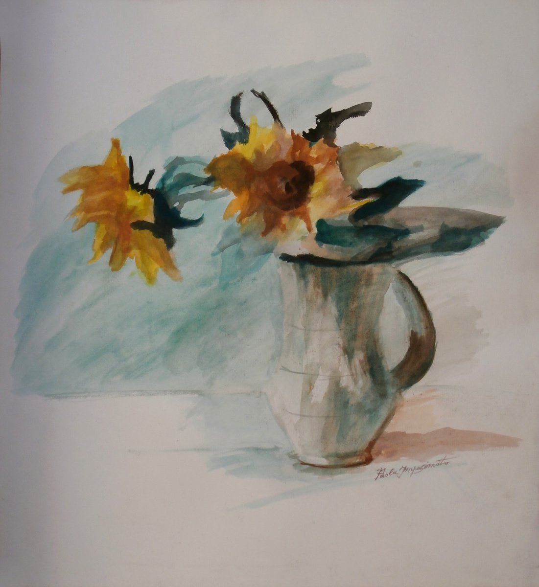 Impressionistic Still Life Watercolour By Paola Imposimato, 20 X 22", The Evening Of Cut Sunflowers, Original Artwork