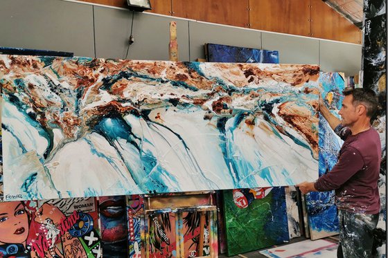 Southern Belle 240cm x 100cm Teal White Oxide Abstract Art
