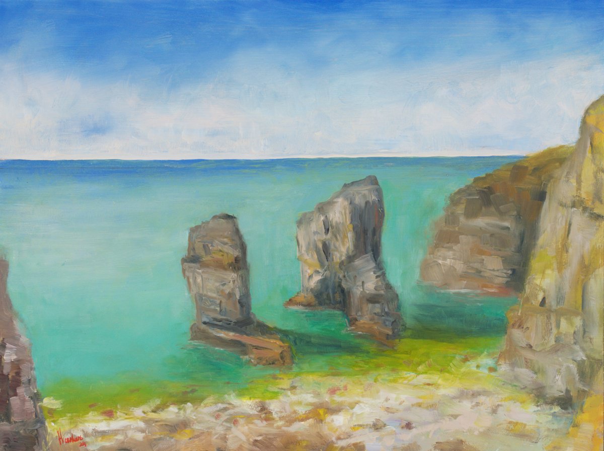 Impressionistic Landscape Oil Painting By Egidius Heerkens, 16 X 12, Elegug Stacks Pembrokeshire, Original Artwork