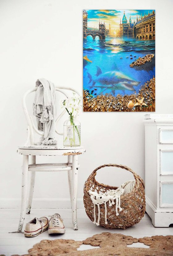 Flooding in London. Global warming. Shark under water, sea bottom seascape marine.  Fantasy art.