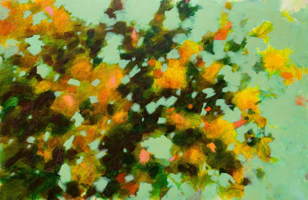 Abstract Botanical Acrylic Painting By Fabienne Monestier, 55 X 35, Flowering Branches, Original Artwork