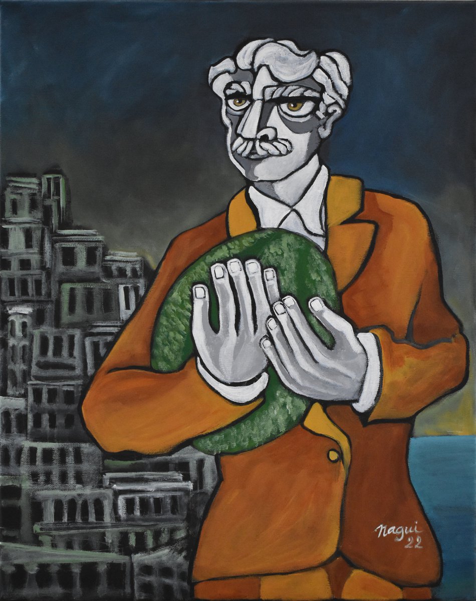 Surrealistic Portrait Acrylic Painting By Nagui, 16 X 20", The Great Melon Heist, Original Artwork