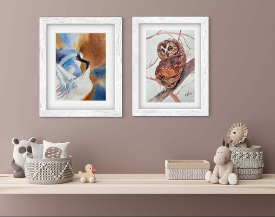 Birds: White Crane and Little Owl