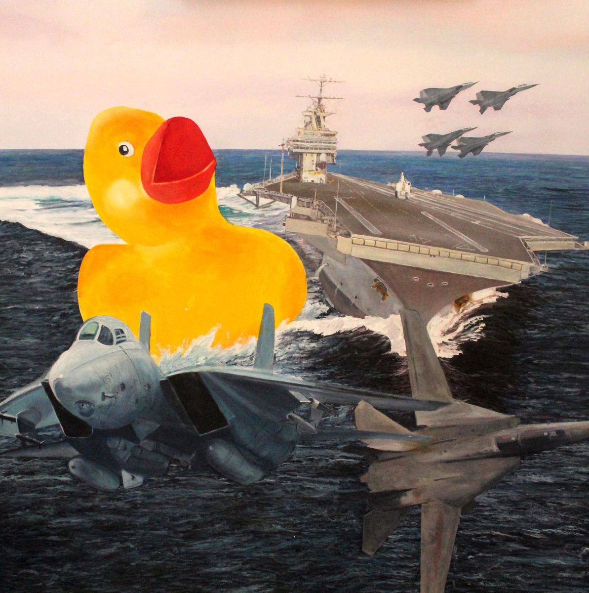 Surrealistic Landscape Acrylic Painting By Ken Vrana, 48 X 48", Ducky Attacks H.w. Bush In The Straits Of Hormuz, Artfinder