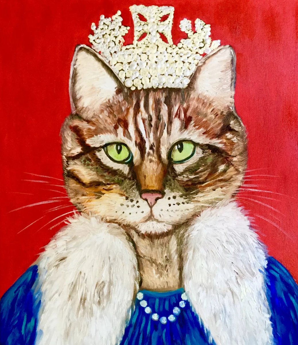 Expressive Animal Oil Painting By Olga Koval, 20 X 24", Cat La Queen On Red, Original Artwork