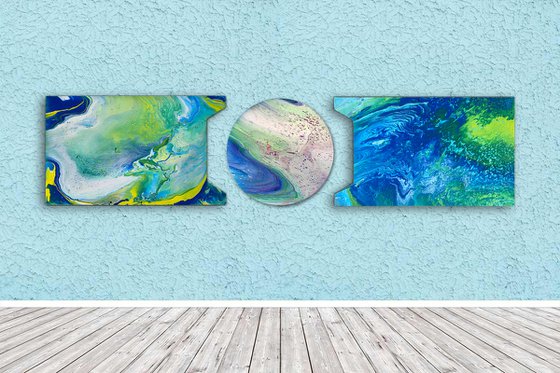 "Follow Me Into The Wormhole" - Original Triptych, Abstract PMS Acrylic Paintings Series on Irregularly Shaped Wooden Panels - 78" x 18"