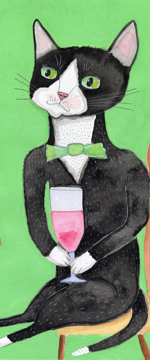 Tuxedo Cat drinking red wine on a Date Gentleman by Sharyn Bursic