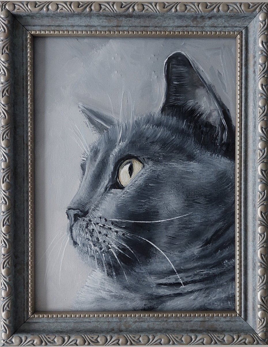 Impressionistic Animal Oil Painting By Ira Whittaker, 8 X 9, British Grey Cat, Original Artwork