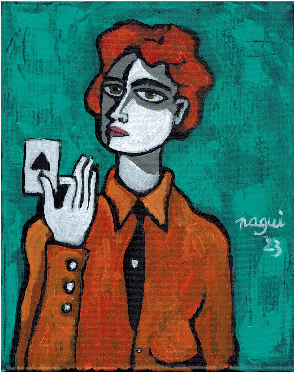 Expressive Portrait Acrylic Painting By Nagui, 8 X 10", Ace Of Spades, Original Artwork