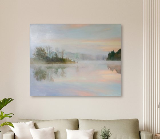 "River Fog 3" River blue oil landscape