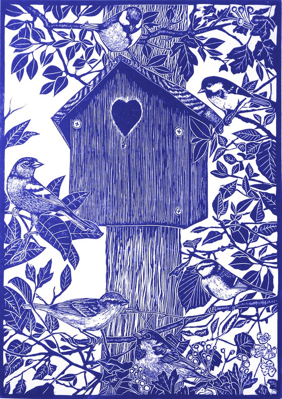 The House Hunters (blue version) (nesting birds and birdhouse lino print)