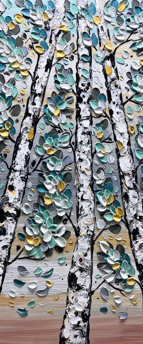 Winter Dream - 3D Textured Fall Gold Blue Birch Trees Landscape Painting on Canvas, Original Abstract Nature Textured Tree Painting - SIZE: 40 X 24 INCHES (100 X 60 CM) by Lana Guise