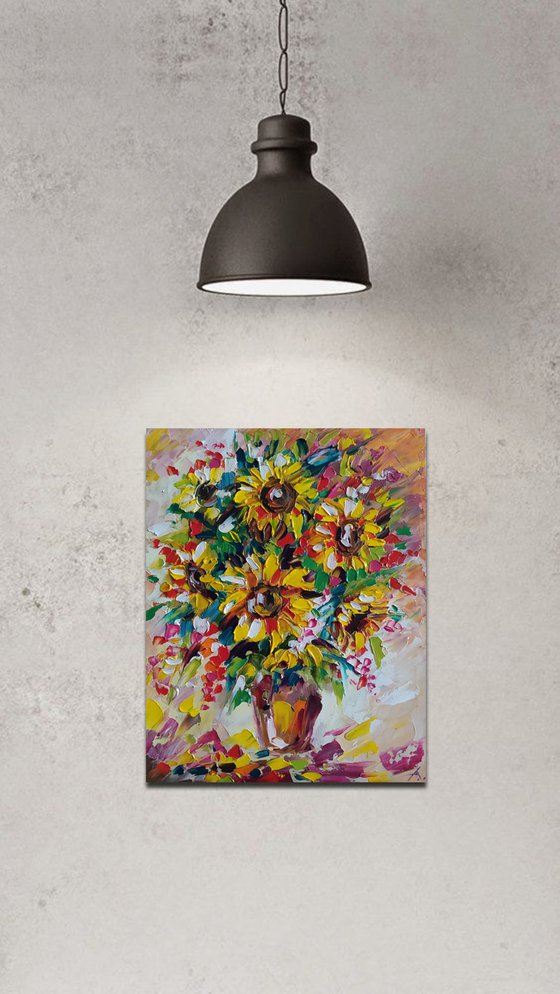 The lights of a sun - sunflowers, oil painting, flowers, sunflowers oil painnting, bouquet