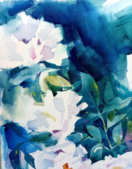 "Blooming white peonies in the evening" original botany watercolor artwork