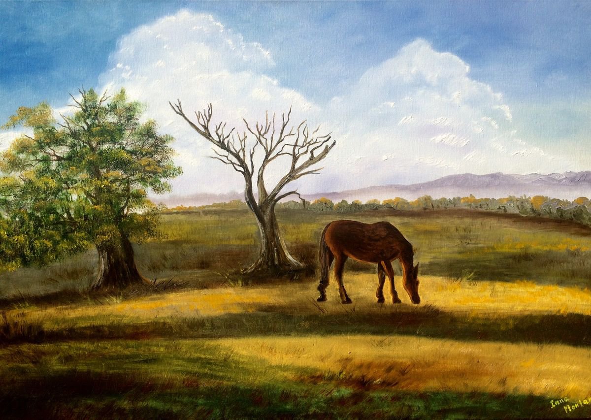 Impressionistic Landscape Oil Painting By Inna Montano, 36 X 24, Horse On The Field., Original Artwork