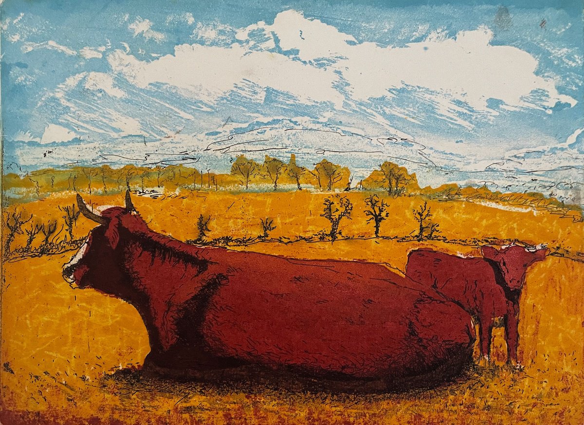 Illustrative Animal Etchings & Engravings By Tim Southall, 10 X 8", Retinto Cow & Calf, Original Artwork