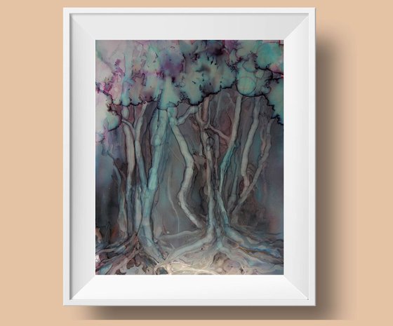 Misty forest. Alcohol Ink abstract painting.