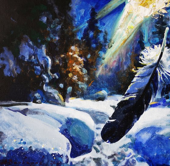 Falling Feather In Winter Forest