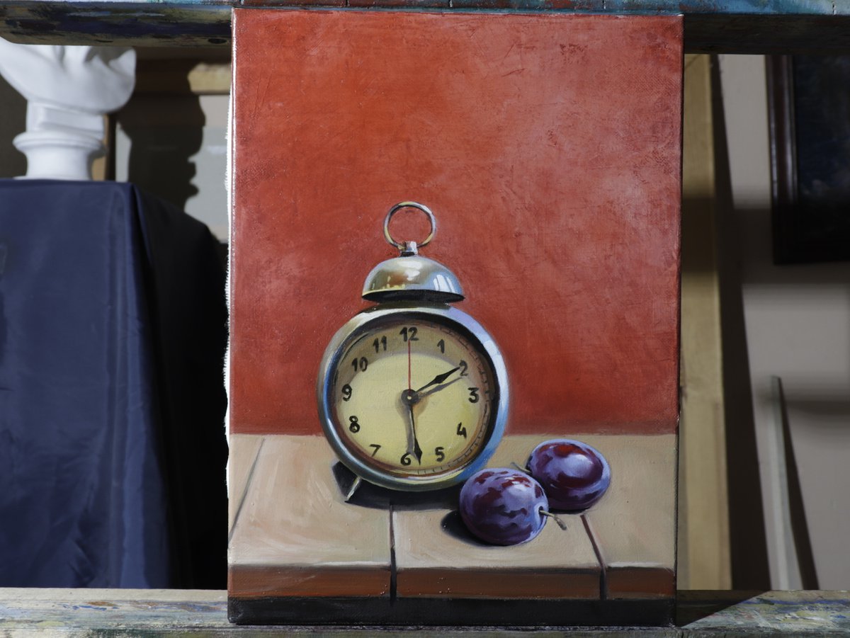 Photorealistic Still Life Oil Painting By Ara Gasparian, 7 X 9, Plums Old Watch, Original Artwork