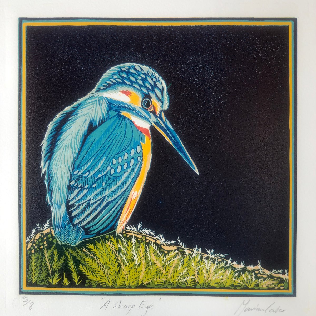 Illustrative Animal Linocut By Marian Carter, 11 X 11", A Sharp Eye, Original Artwork