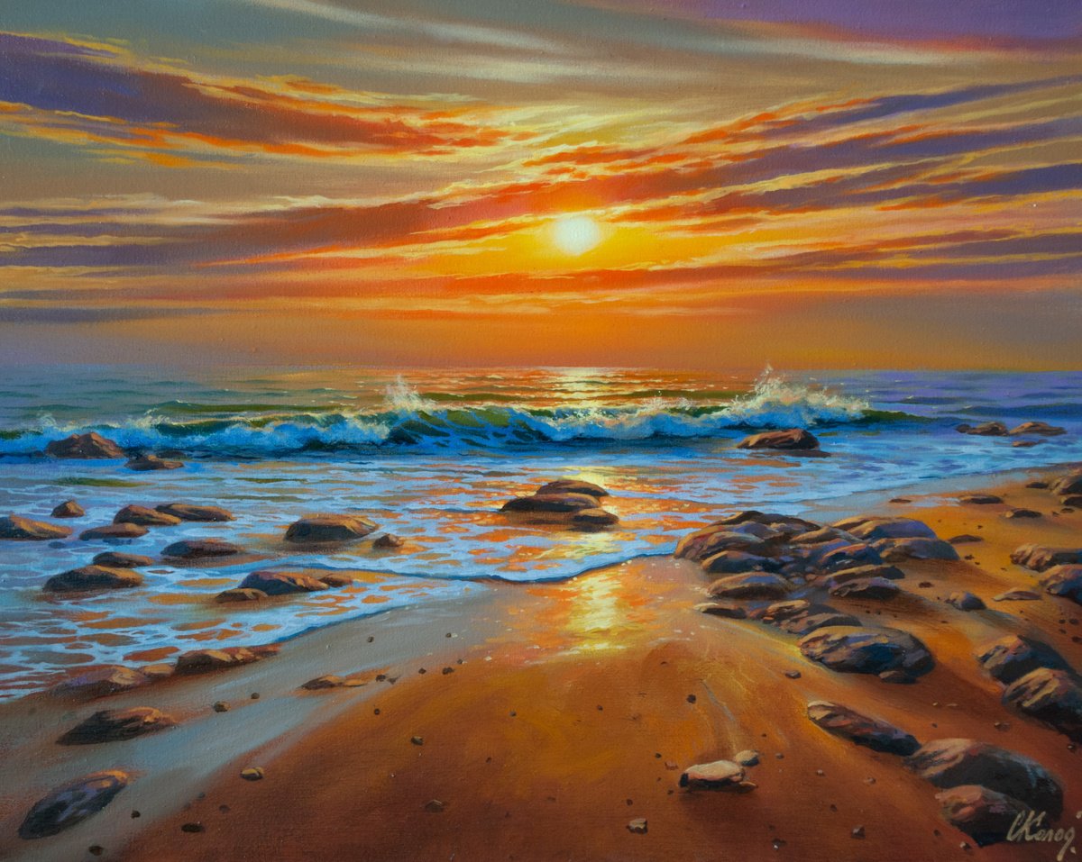 Impressionistic Landscape Oil Painting By Kolodyazhniy Sergey, 20 X 16", Golden Colors Of The Evening, Original Artwork