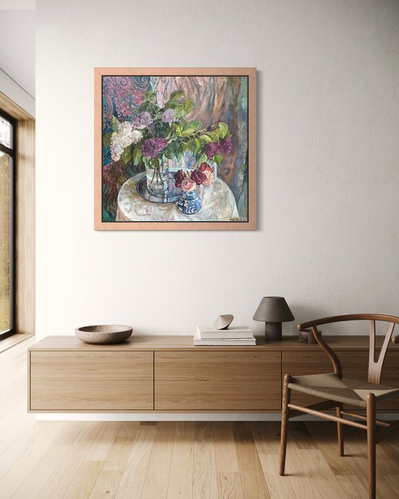 Spring still life with ornamental fabric
