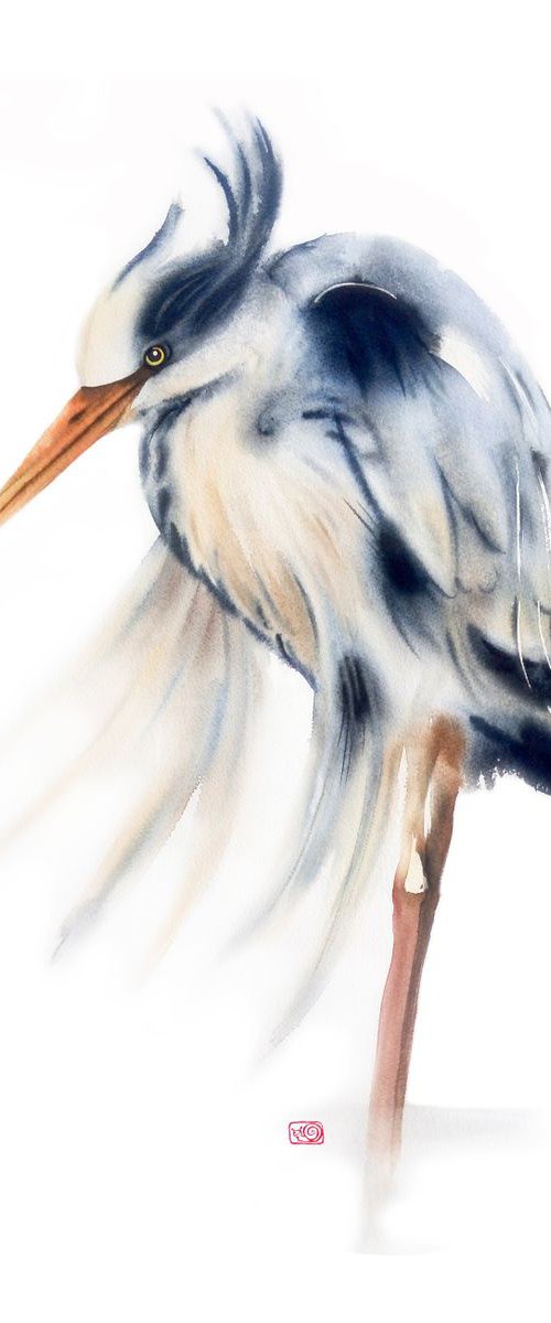Grey heron - 22 x 29 in (56 x by Olga Beliaeva Watercolour