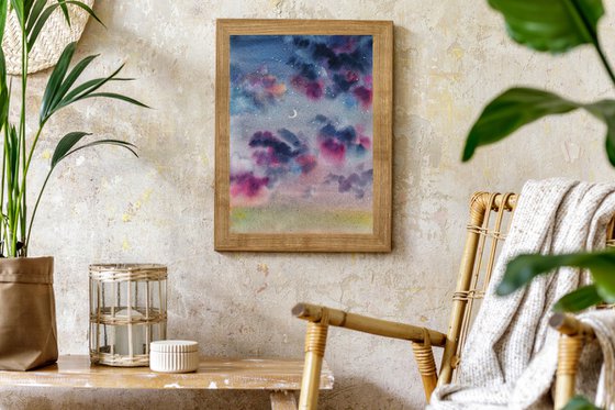 New moon - original watercolor sky painting