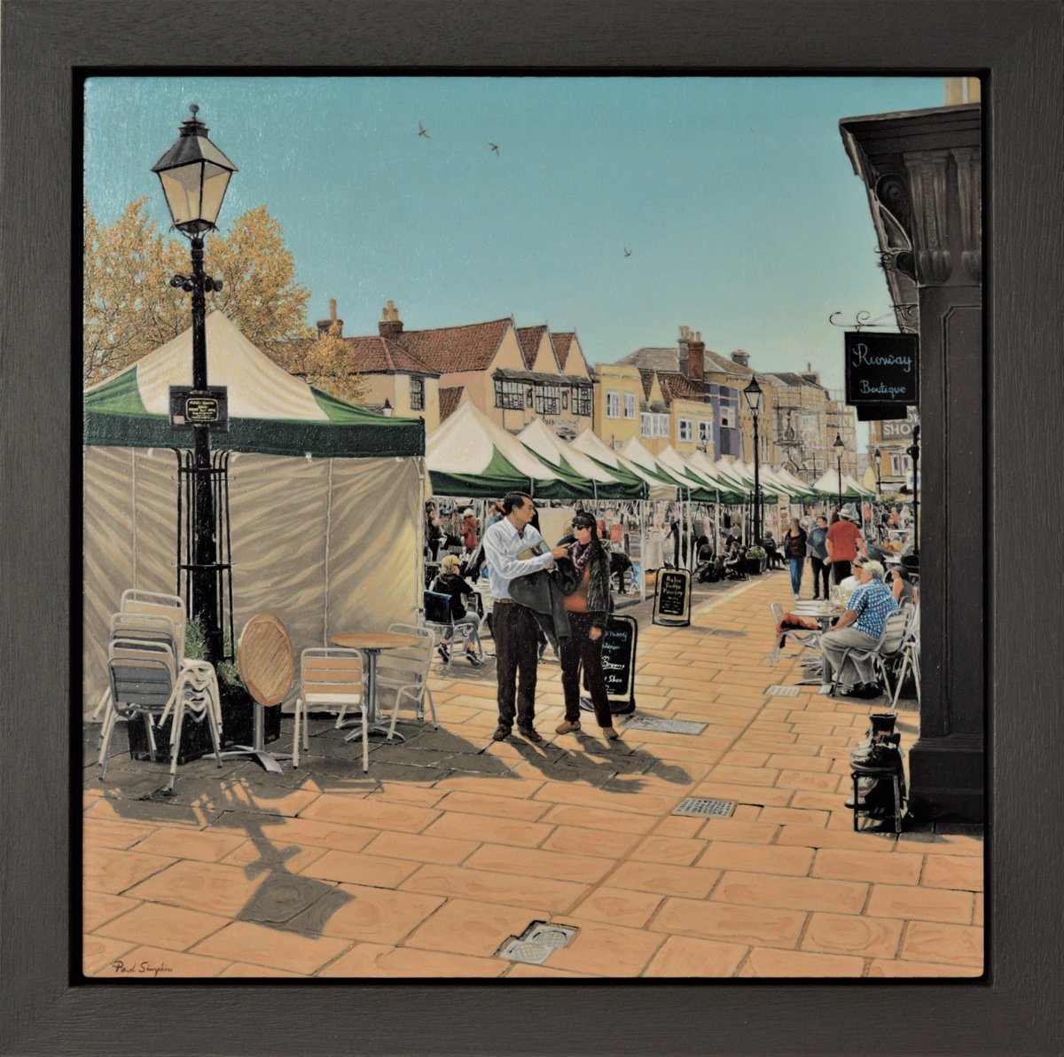 Photorealistic Cityscapes Oil Painting By Paul Simpkins, 14 X 14", Market Day Wells, Original Artwork