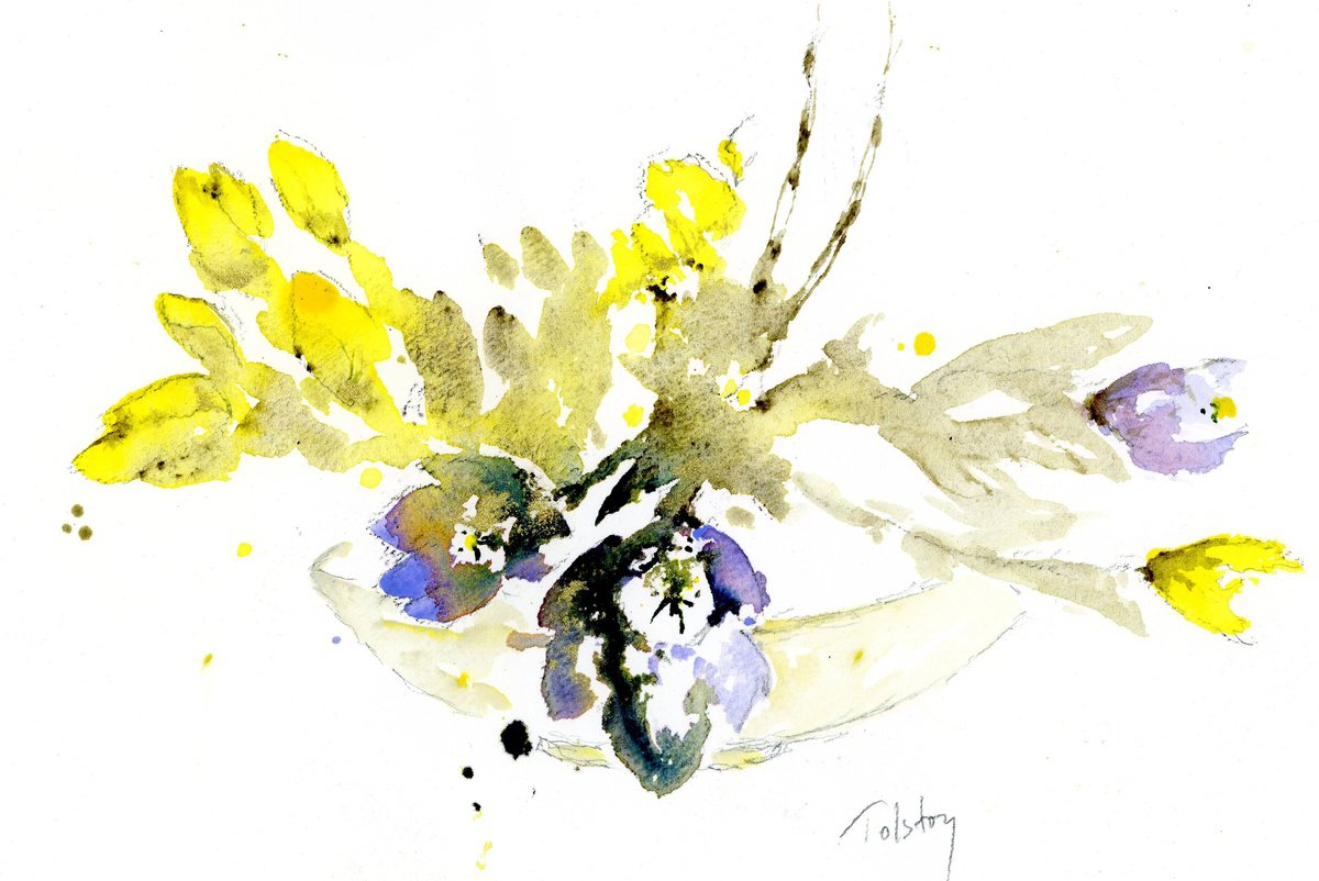 Impressionistic Botanical Watercolour By Alex Tolstoy, 14 X 10, Yellow & Purple Tulips, Original Artwork