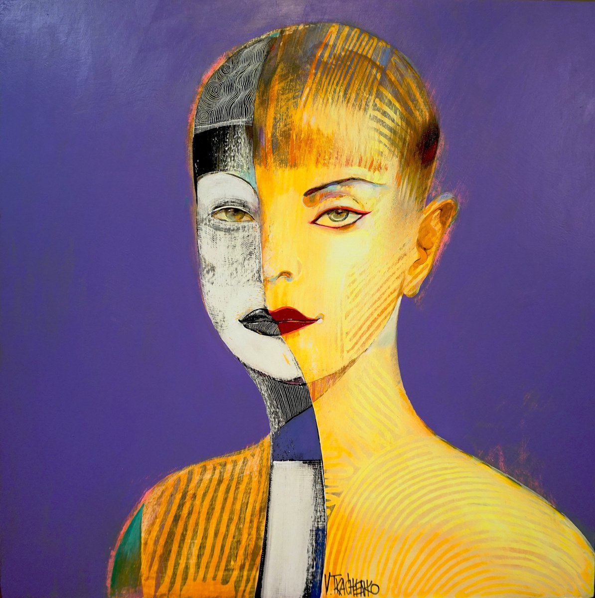 Organic Portrait Acrylic Painting By Victor Tkachenko, 24 X 24", Cyber Girl, Original Artwork