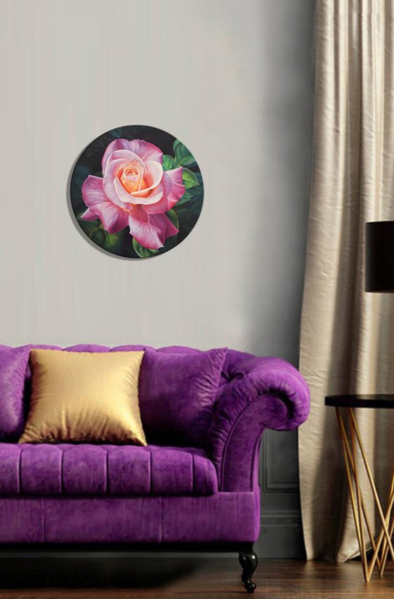 "Beauty in the garden", pink rose painting on round canvas