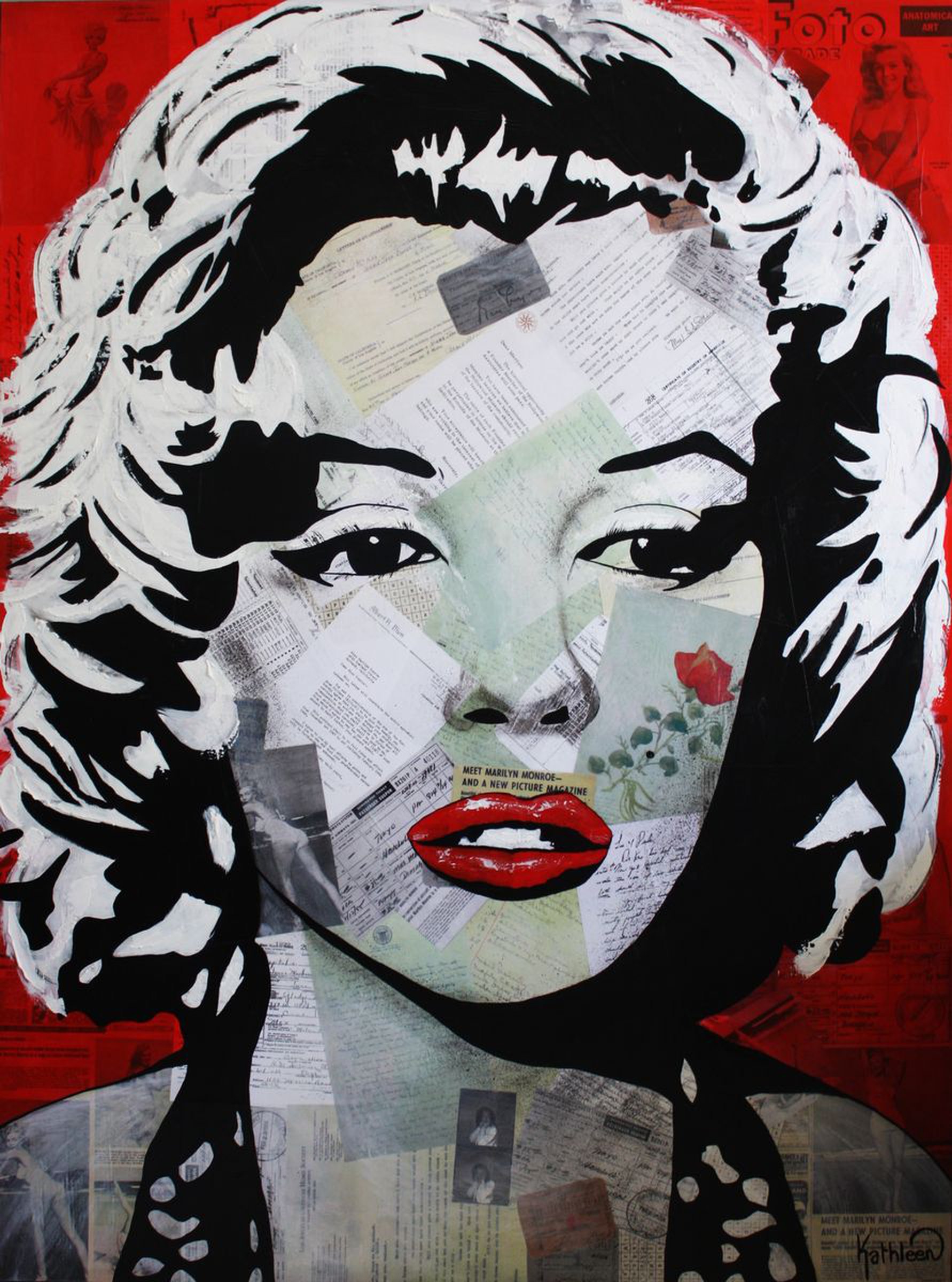 Original Painting Portrait Marilyn Monroe 36 X48 Mixed Media Vintage Black Red Pop Art Girl Handpainted By Kathleen Artist