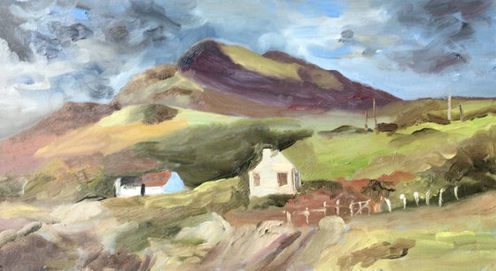 Cottage in the mountains, an original oil painting