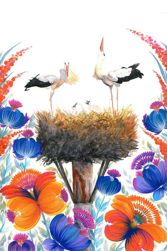 "Nest of Serenity" with a pair of storks in the nest surrounded by a field of lush wild orange, blue flowers