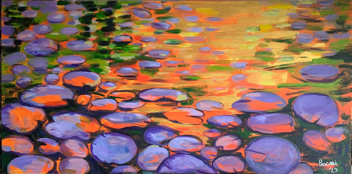 Impressionistic Botanical Acrylic Painting By Olga Pascari, 39 X 20", Waterlilies, Original Artwork