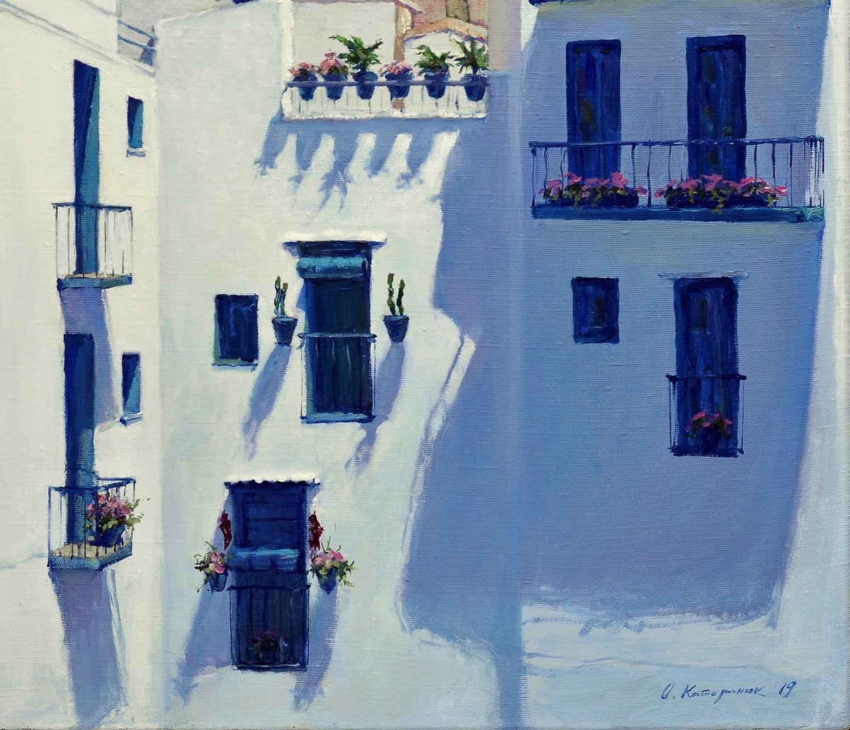 Urban And Pop Cityscapes Giclee Print By Oleg Kateryniuk, 28 X 20", Sunny Day In Peniscola, Original Artwork