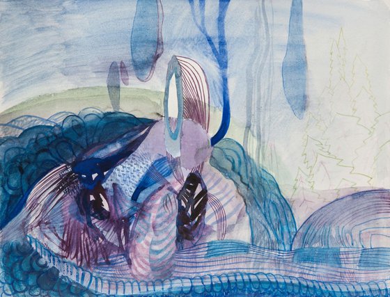 ACQUA BLUES II;  27H X 35 W X 0.1D cm 10.6H X 13.8W in; WATERCOLOR ON PAPER