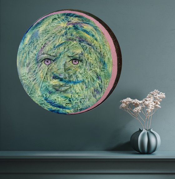 Full moon - Mixed media round painting