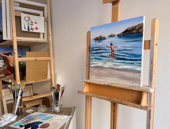 Swimming in Ocean Waves - Woman on California Beach Painting