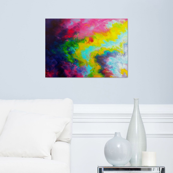 Abstract Art Colourful Expressive Painting Rainbow Waves Blue Pink Yellow Red