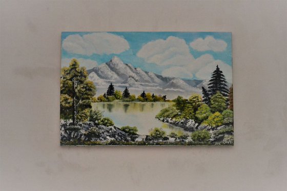 OriGinal, Oil Art, Mountains, Sky, Forest, Lake, Oil Wall Decor