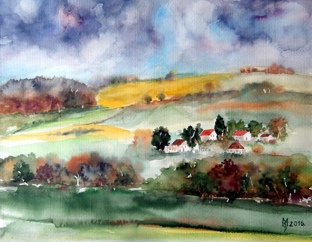 Impressionistic Landscape Watercolour By Zoran Mihajlovic Muza, 12 X 9", Green Landscape, Original Artwork