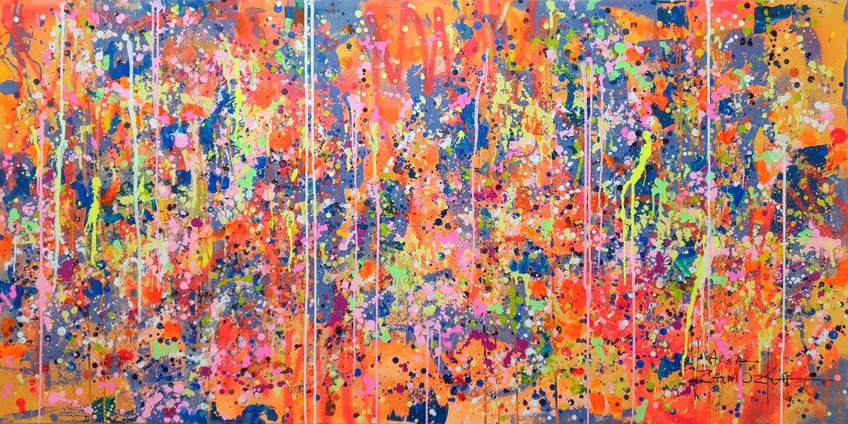 Impressionistic Abstract Acrylic Painting By Marta Zawadzka, 79 X 39", Garden, Original Artwork