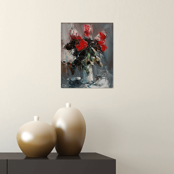 Still life - red roses, 24x30cm, oil painting, palette knife