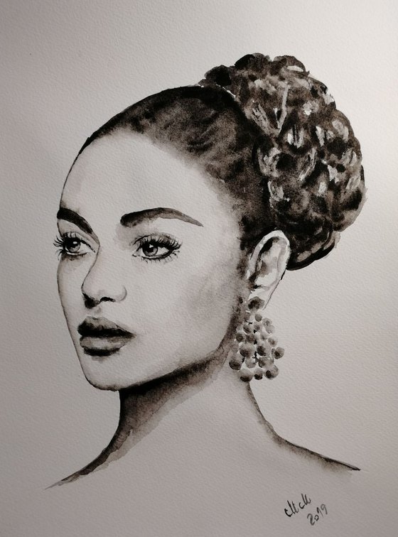Beauty - black and white watercolor portrait